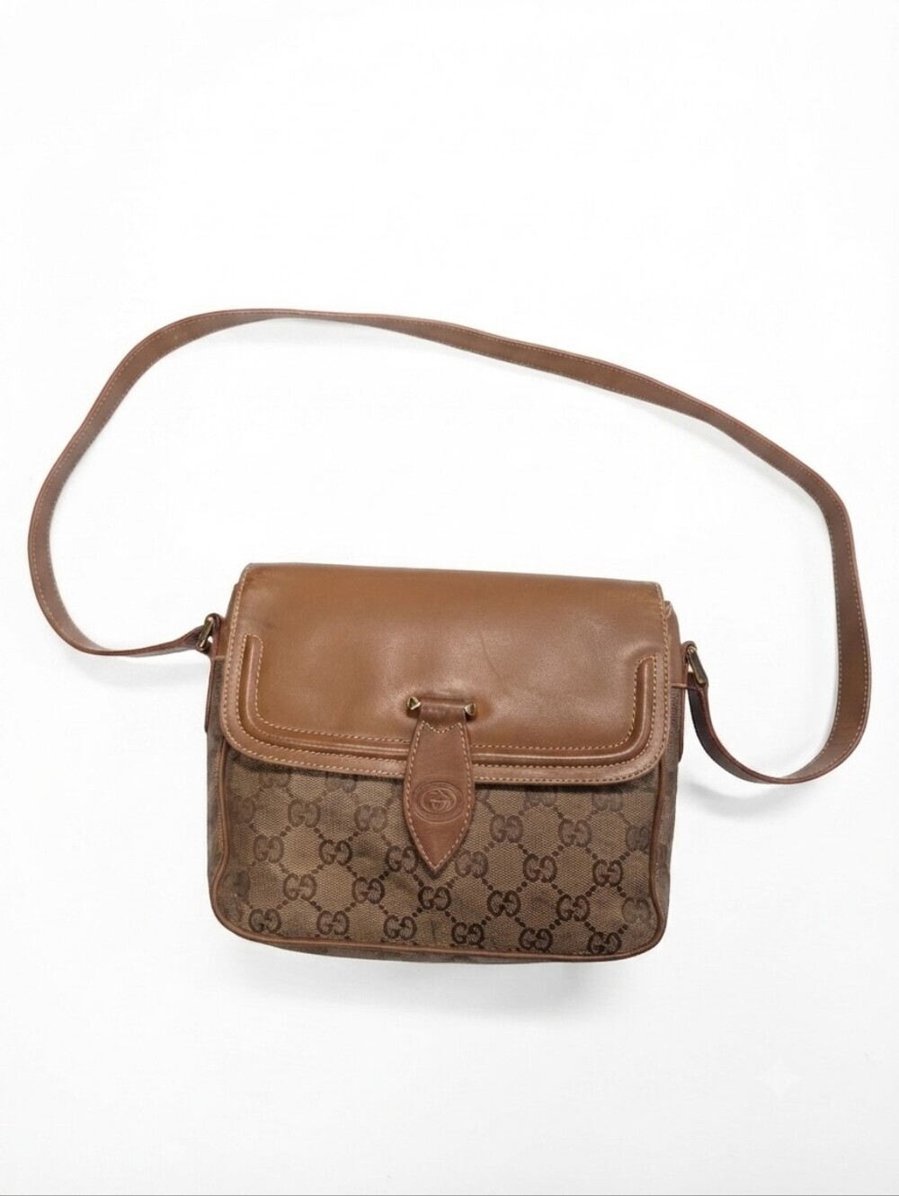 Vintage Authentic Gucci GG Monogram Canvas & Leather Flap Shoulder Bag Italy